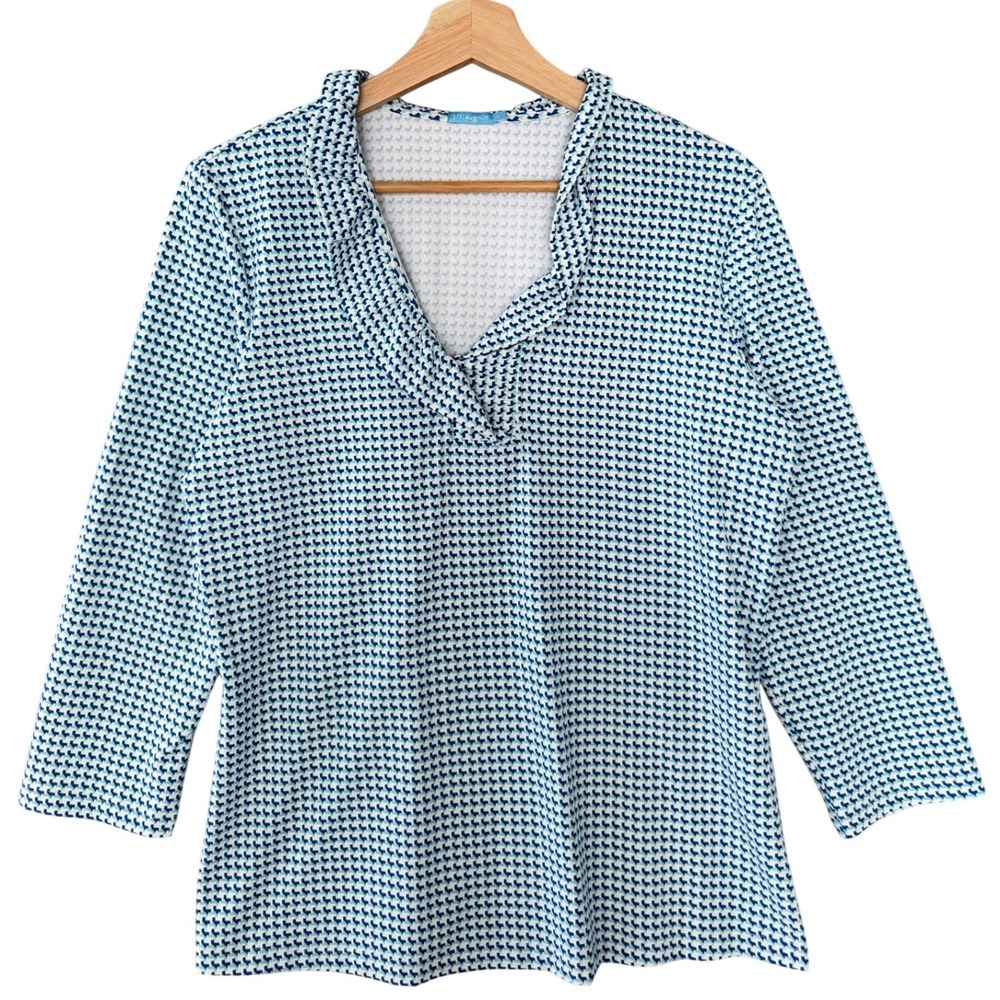 J.McLaughlin Catalina Cloth Blue White Geometric Print Ruffle 3/4 Sleeve Top L